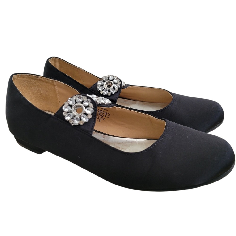 Badgley Mischka Marina Grommet Black Satin Mary Jane Flat Rhinestone Size 5 READ